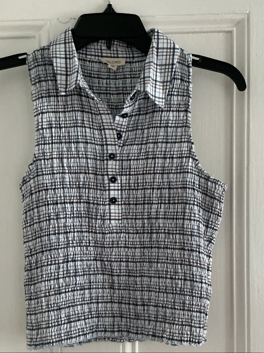 Pilcro Navy and White Sleeveless Collared Smocked Tank